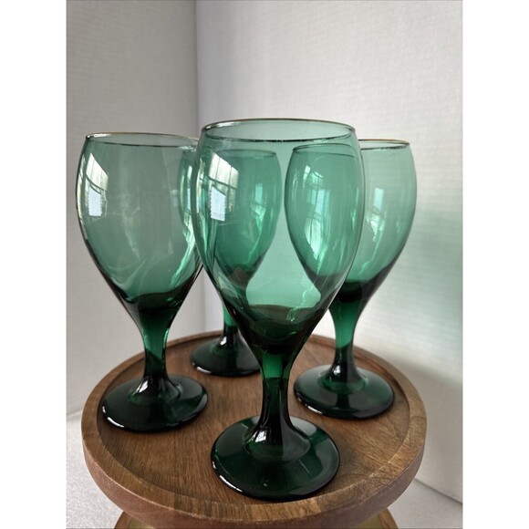 Set of 4  Vintage Libbey Teardrop Juniper Green Wine Goblets Glasses Gold Rims - Picture 2 of 16